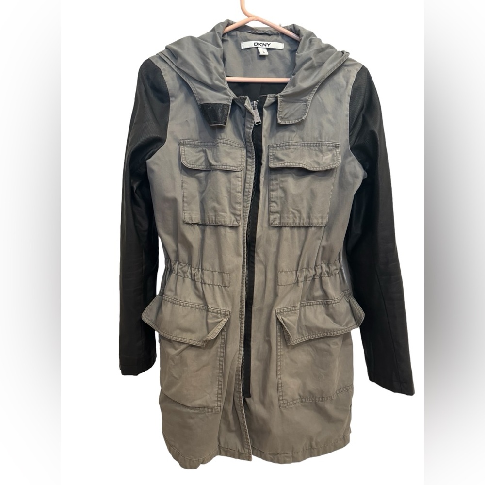 DKNY Utility Hooded Jacket Women’s Sz S Olive Green Black Faux Leather Hiking